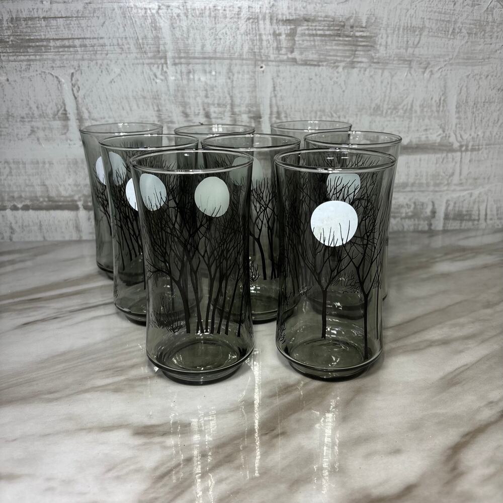Smoked Gray Tree and Moon Drinking Glasses Set of 8